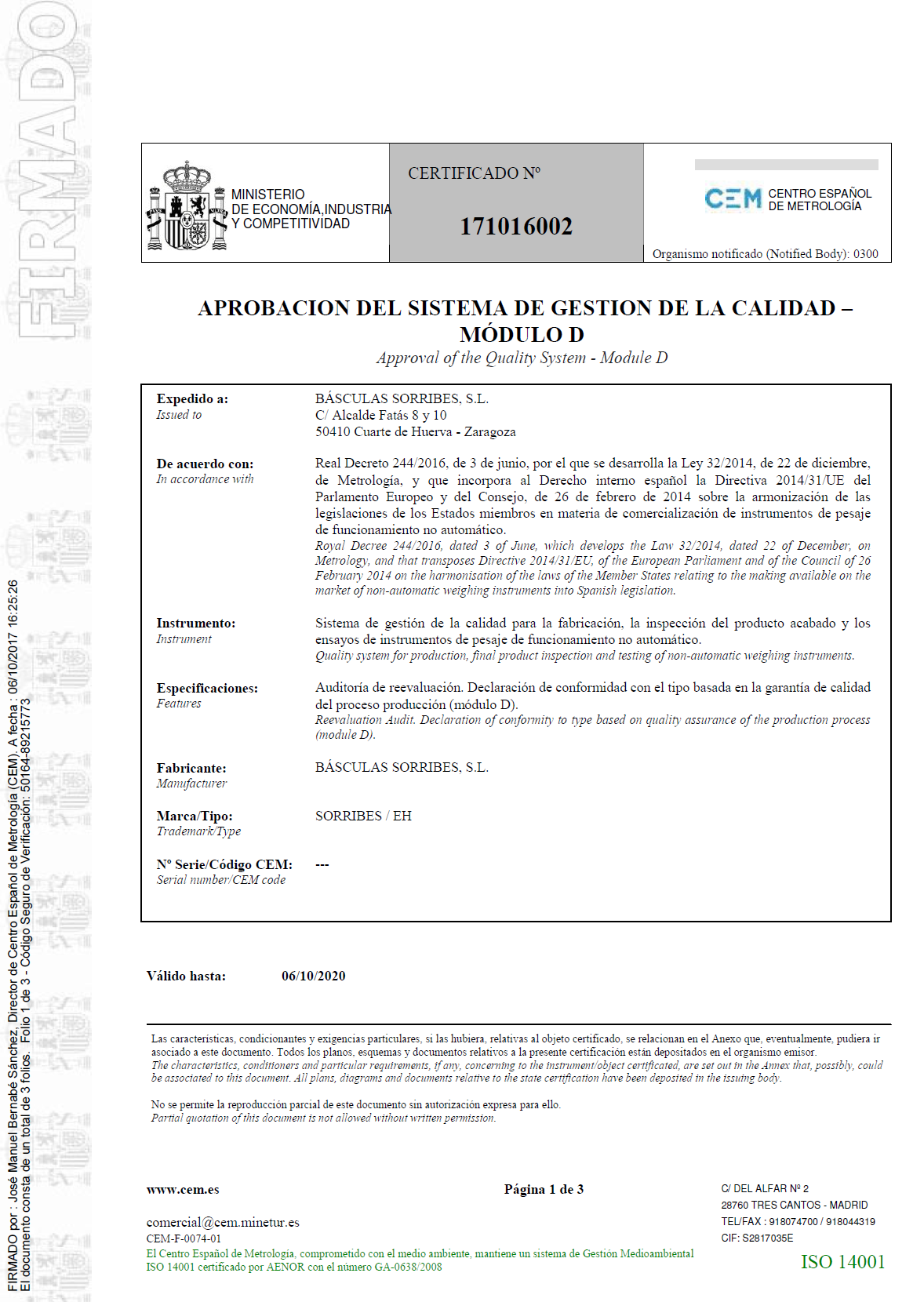 Aprobación del sistema de gestión de la calidad - modulo D nº 171016002