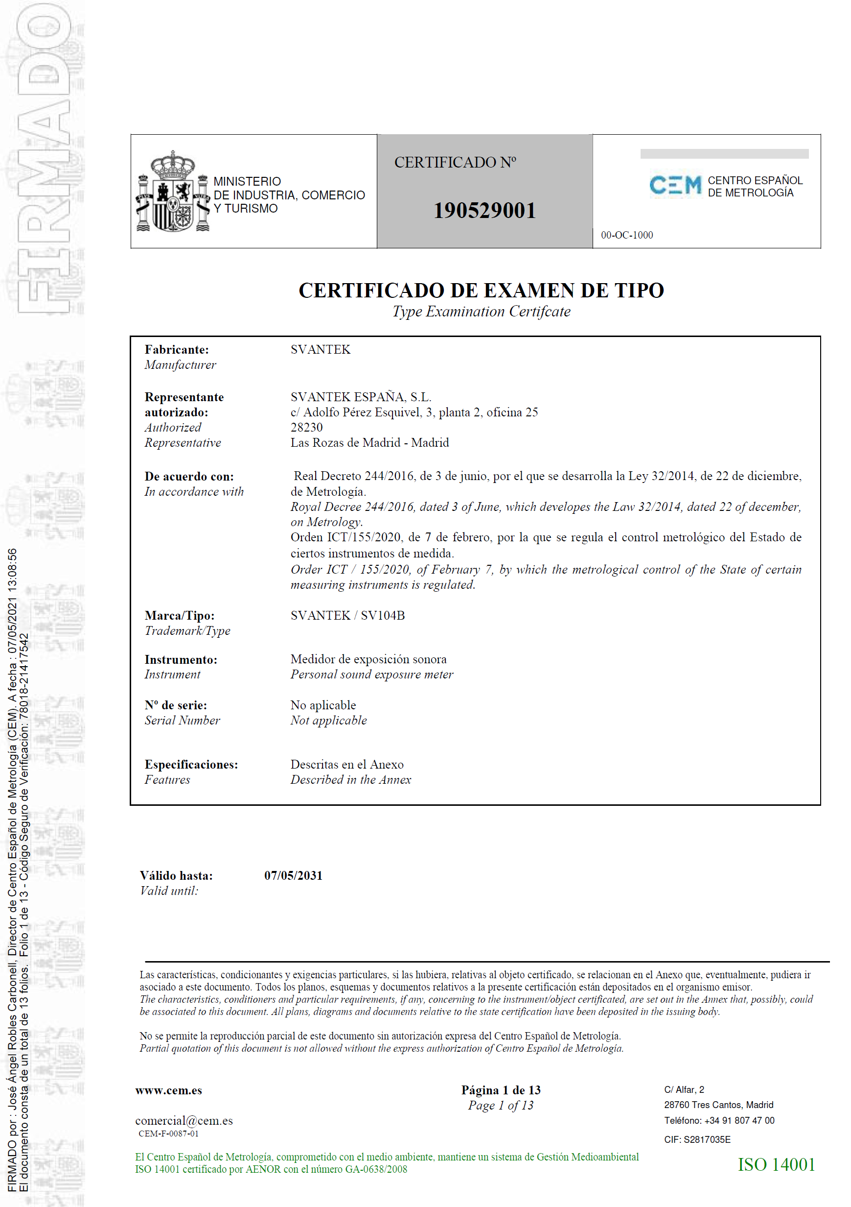 Certificado de examen de tipo nº 190529001