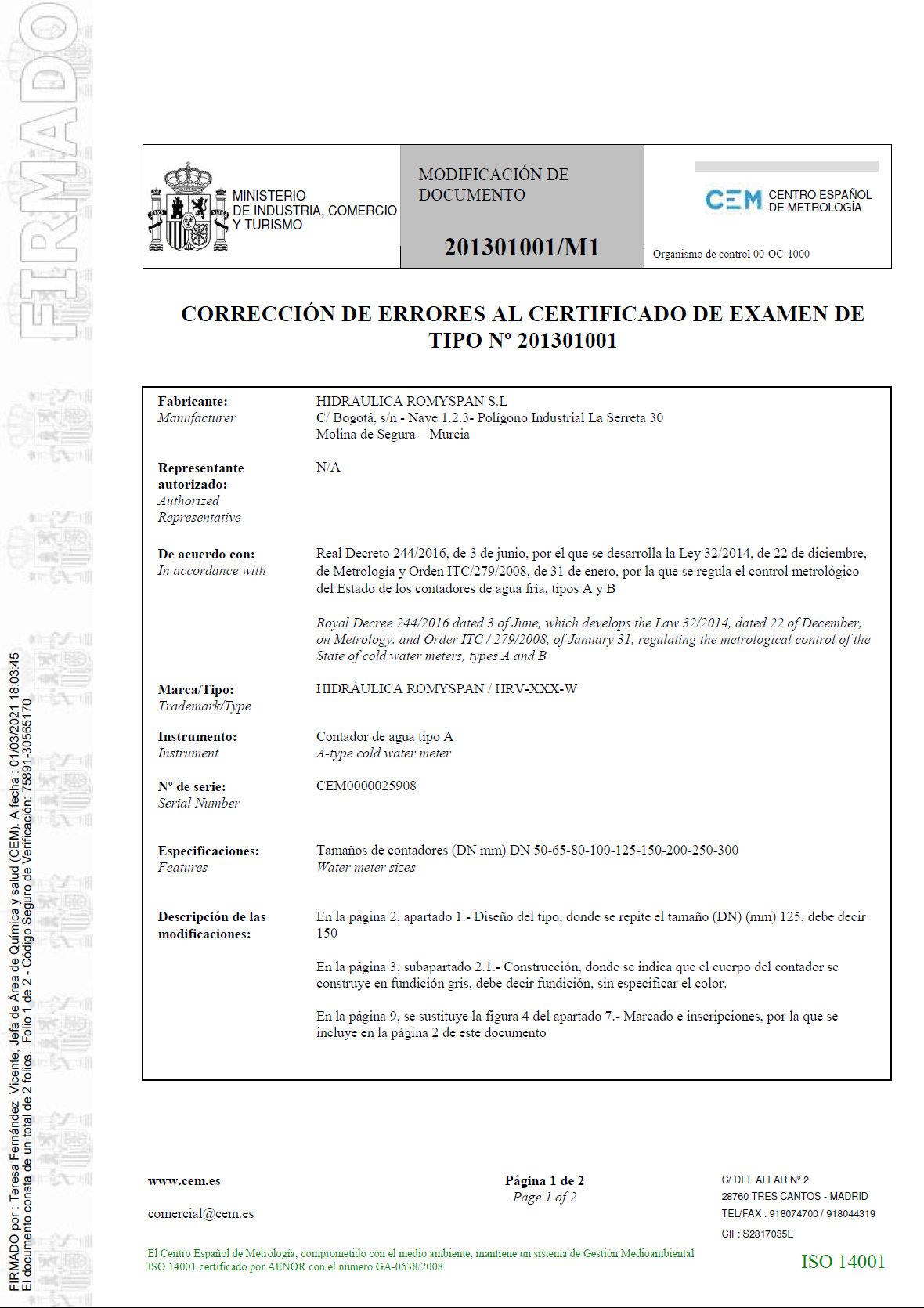 Corrección de errores al certificado de examen de tipo nº 201301001/M1 