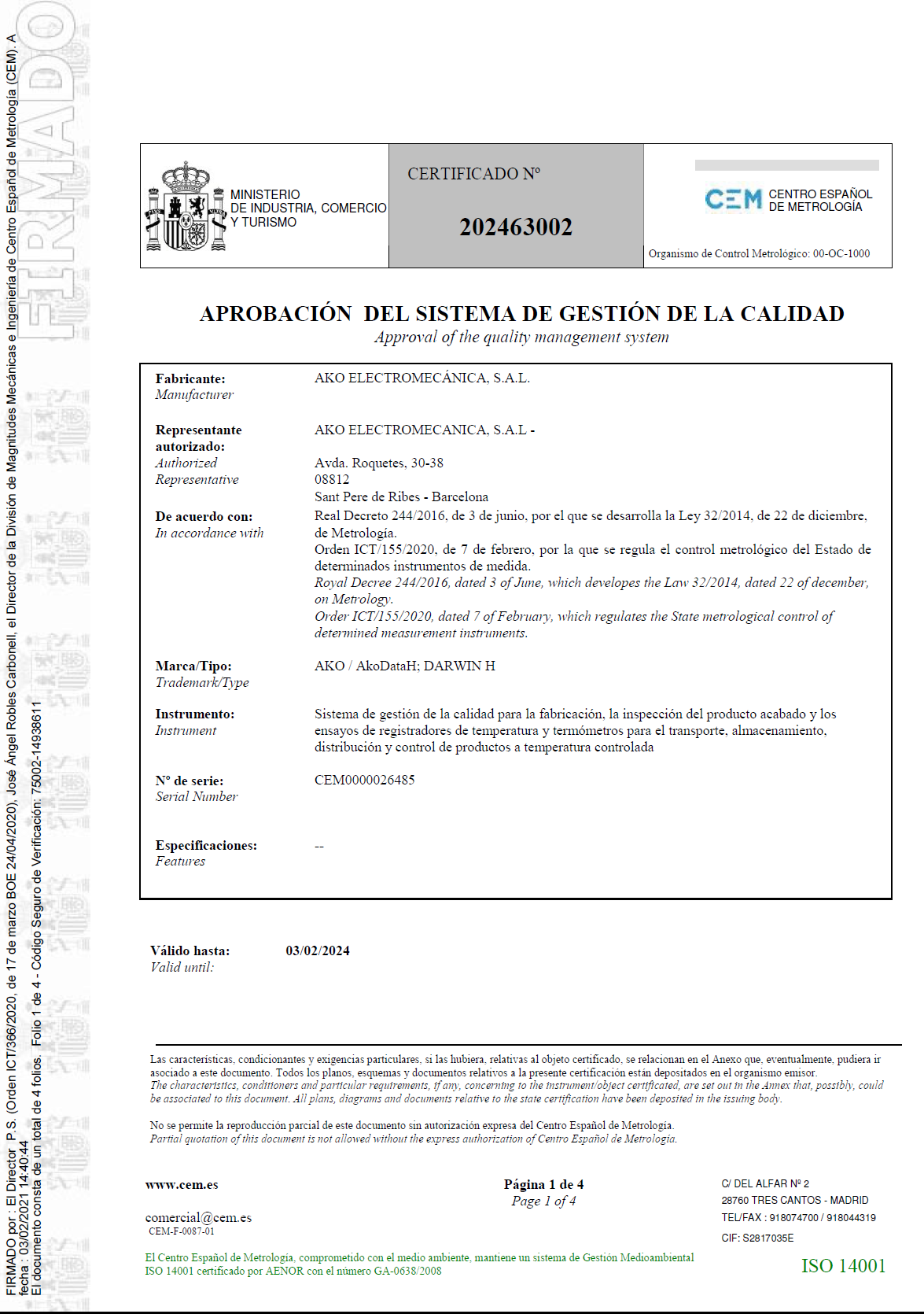 Certificado de aprobación del sistema de gestión de la calidad nº 202463002