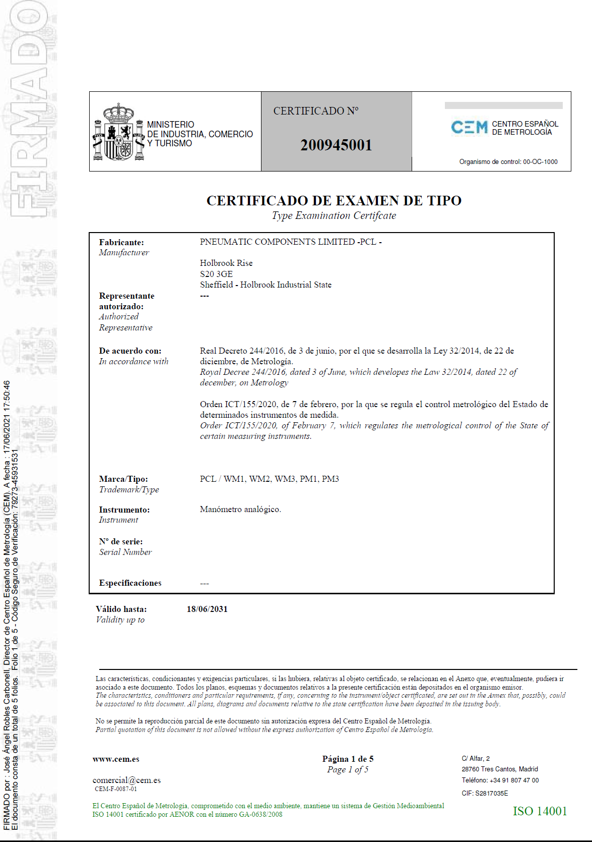 Certificado de examen de tipo nº 200945001