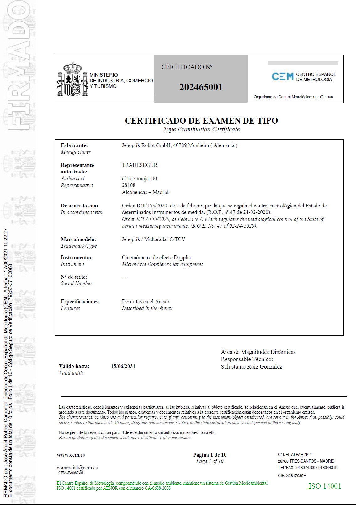 Certificado de examen de tipo nº 202465001