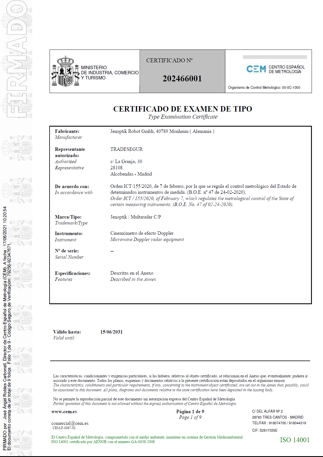 Certificado de examen de tipo nº 202466001