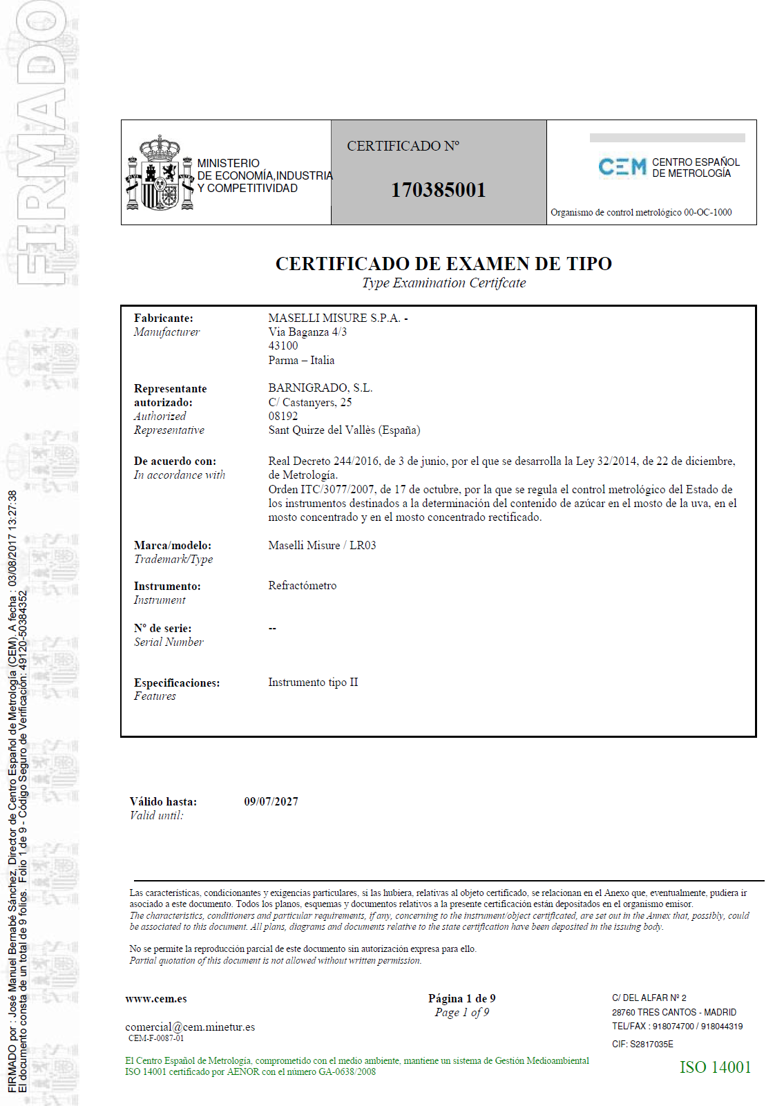 Certificado de Examen de Tipo nº 170385001