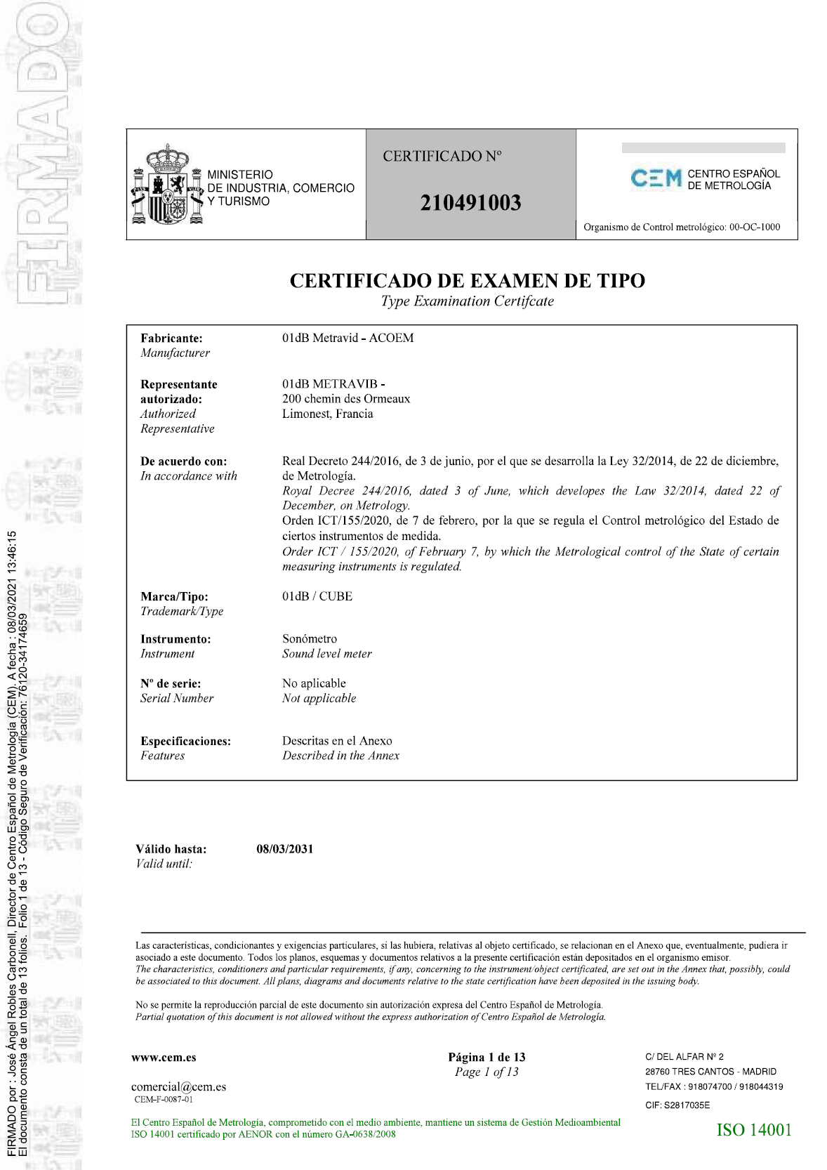 Certificado de examen de tipo nº 210491003