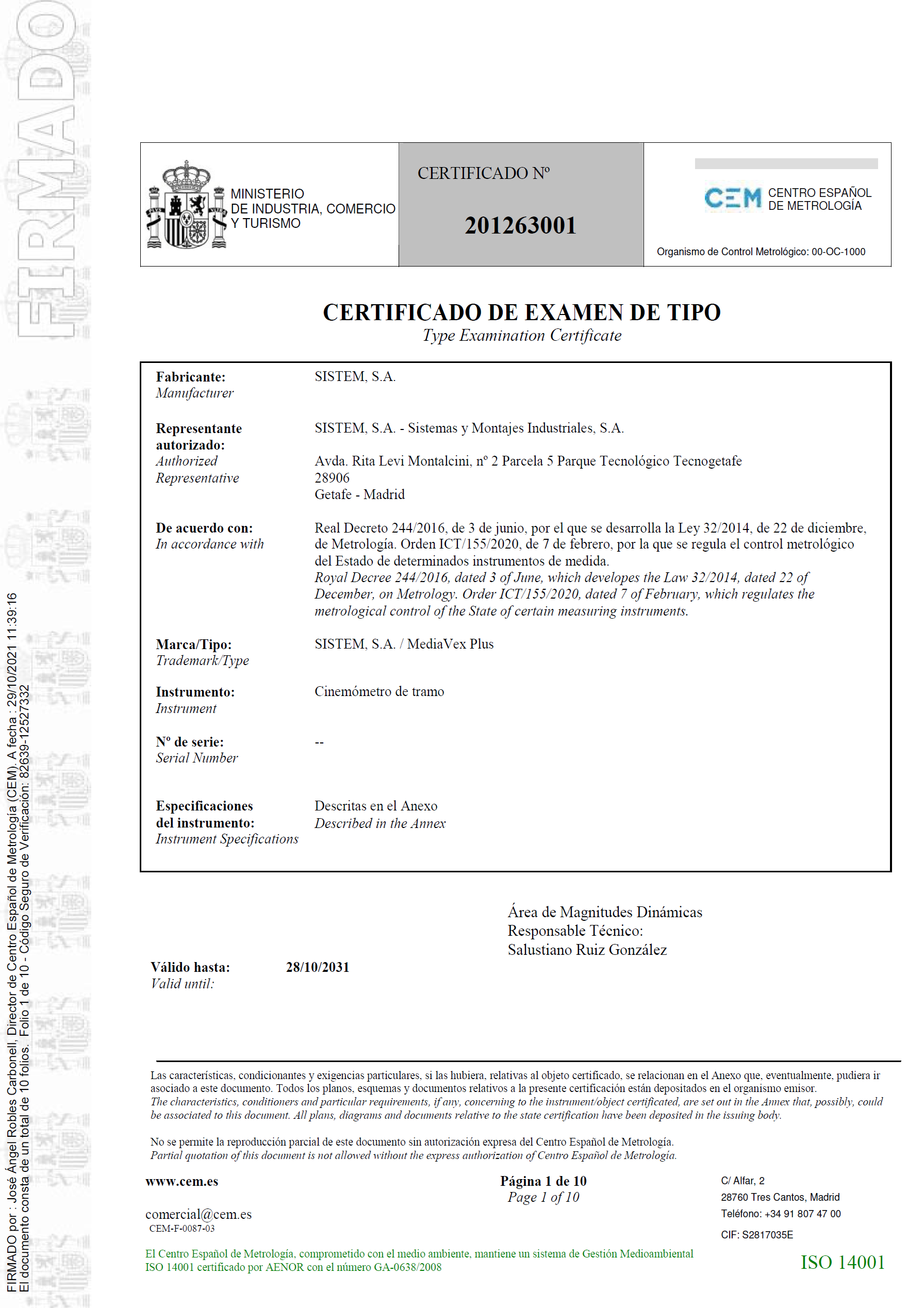 Certificado de examen de tipo nº 201263001