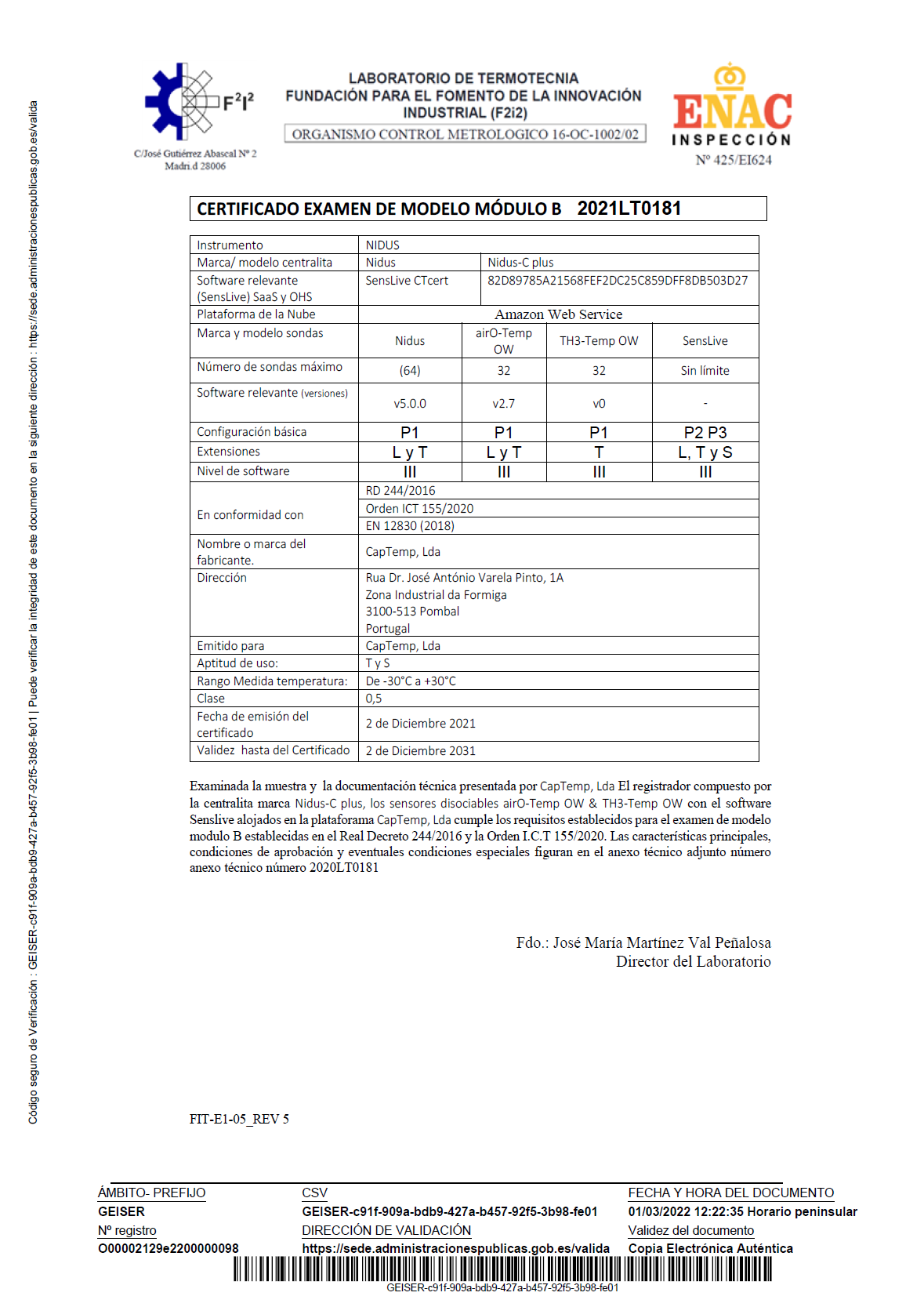 Certificado examen de modelo módulo B nº 2021LT0181
