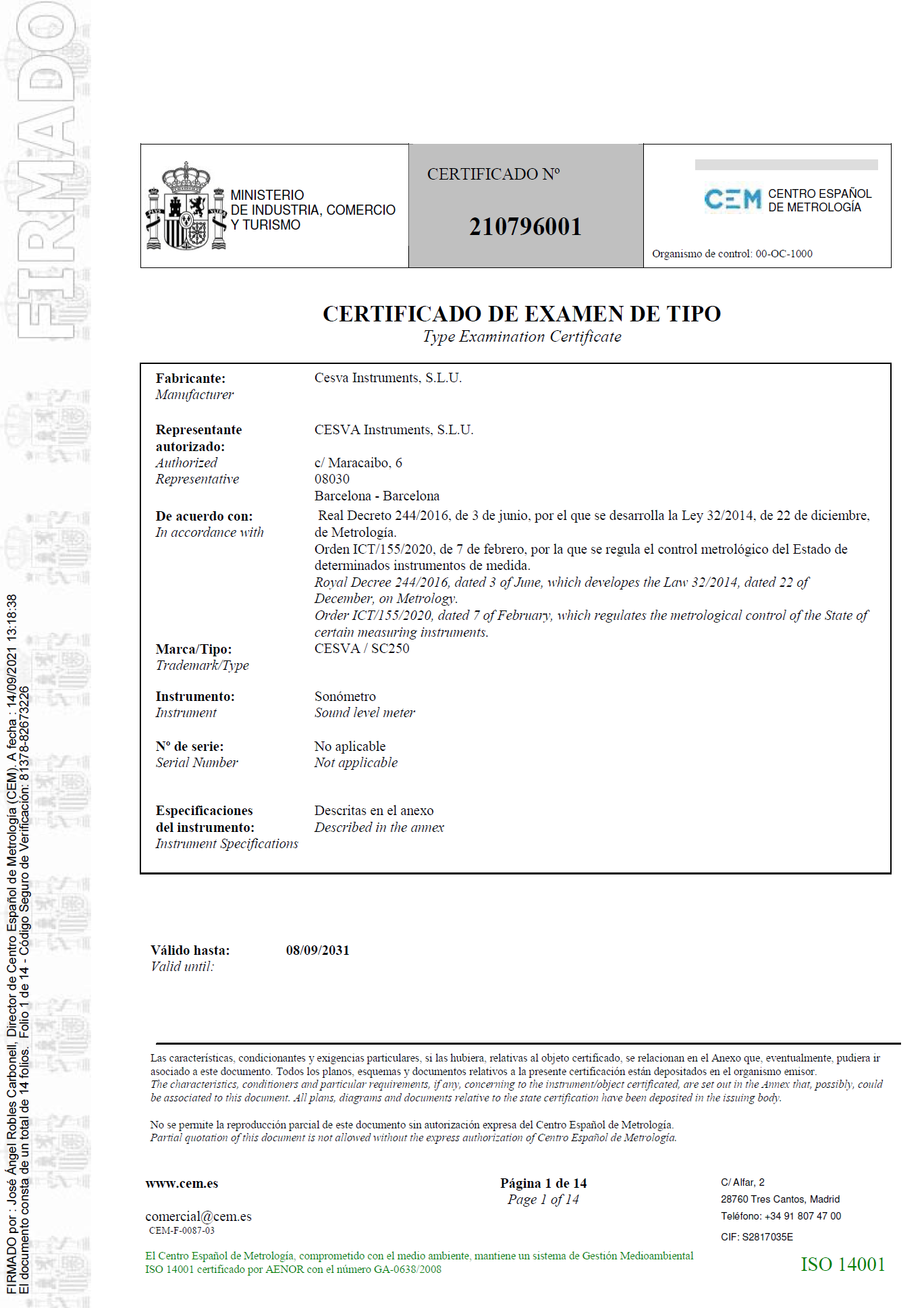 Certificado de examen de tipo nº 210796001