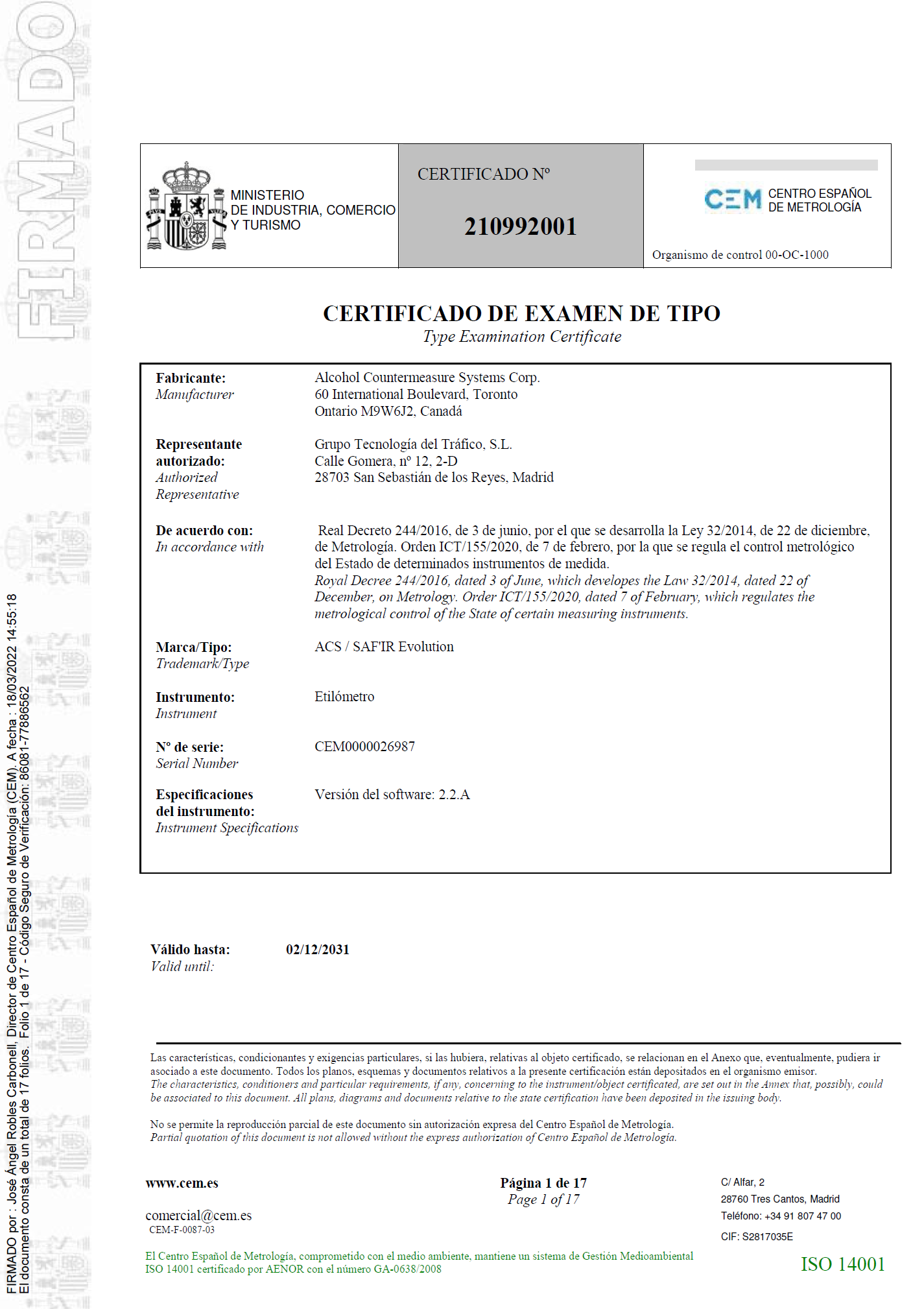 Certificado de examen de tipo nº 210992001
