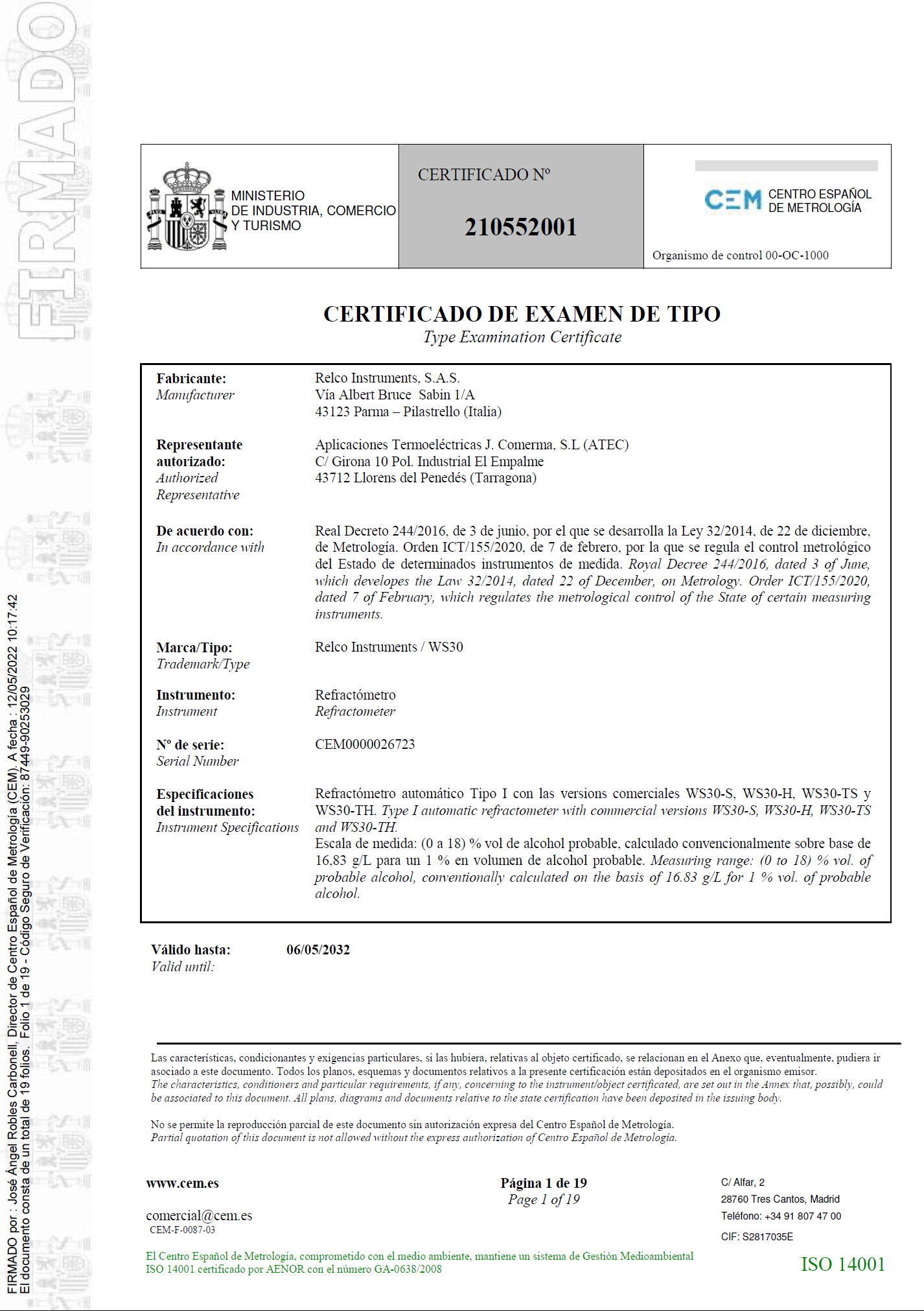Certificado de examen de tipo nº 210552001