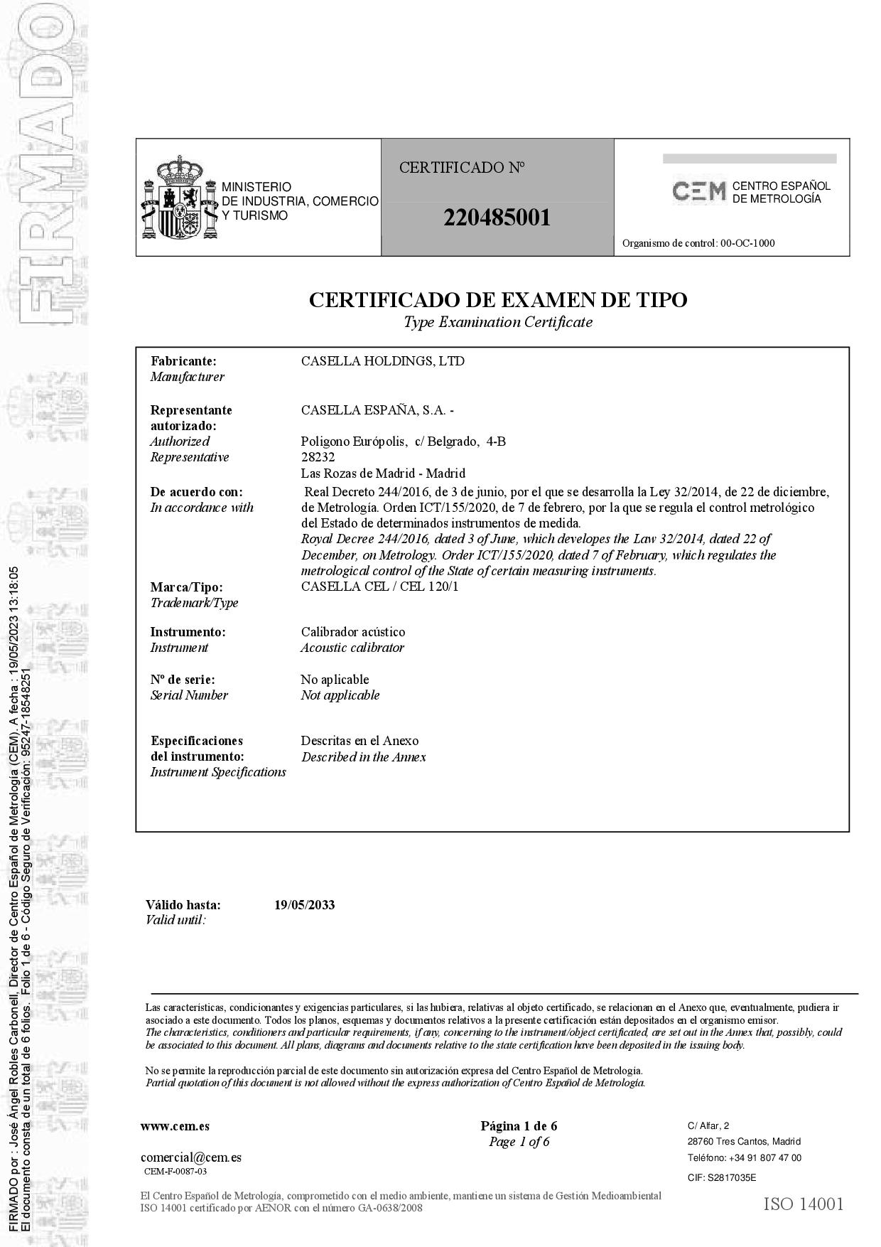 Certificado de Examen de Tipo 220485001