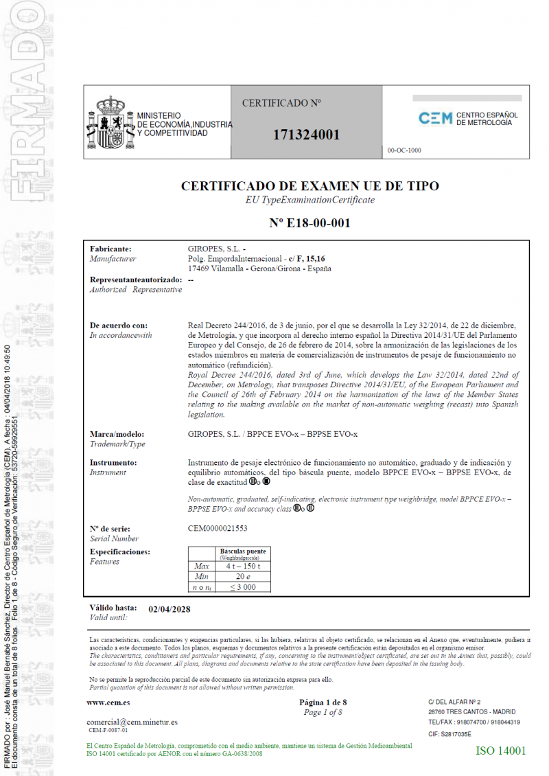 Certificado de examen UE de tipo nº E18-00-001