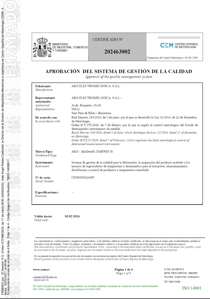 Certificado de aprobación del sistema de gestión de la calidad nº 202463002