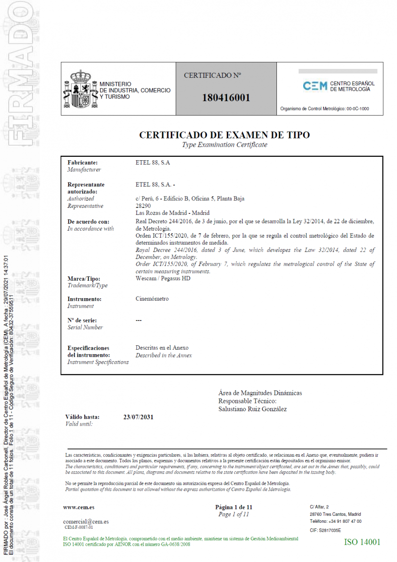 Certificado de examen de tipo nº 180416001