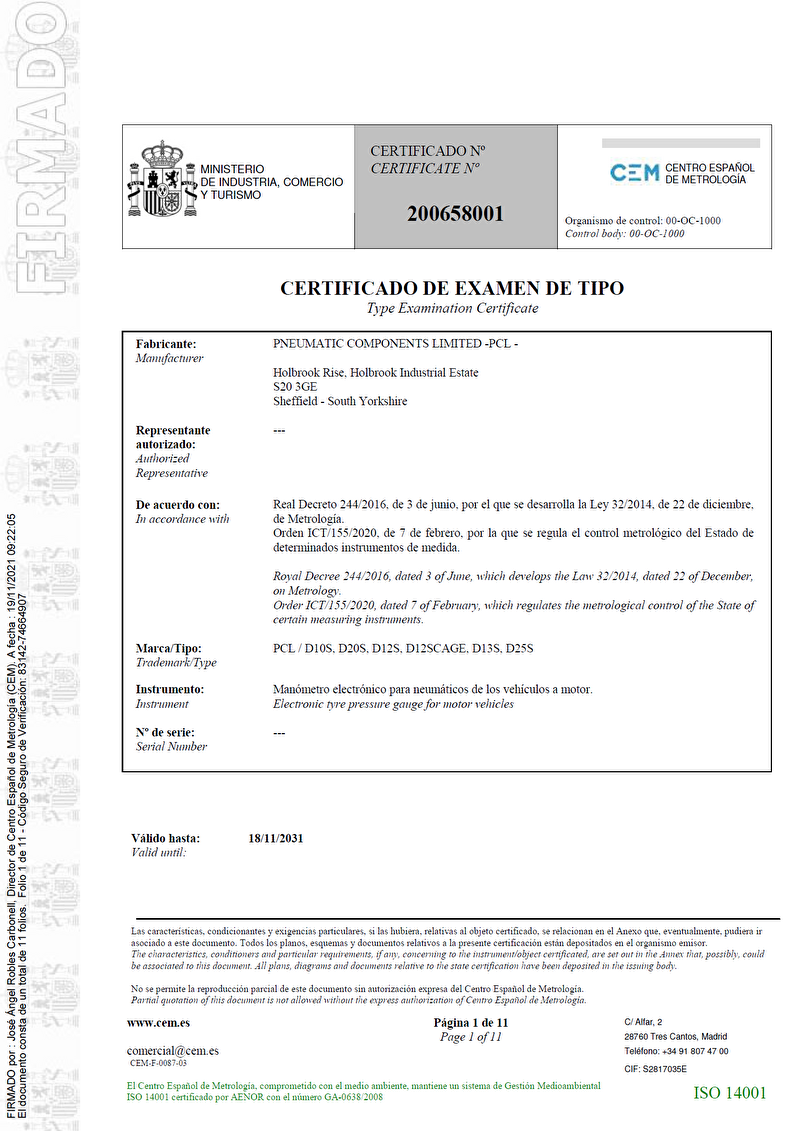 Certificado de examen de tipo nº 200658001