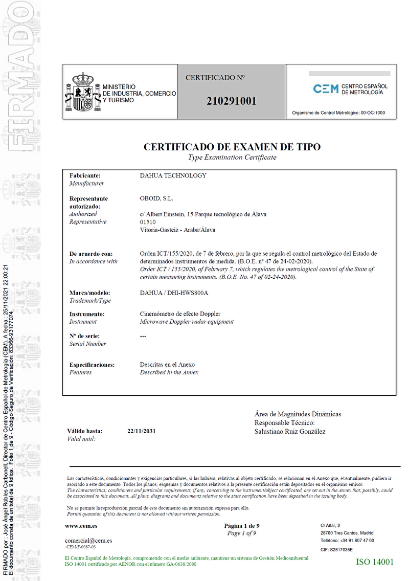 Certificado de examen de tipo nº 210291001