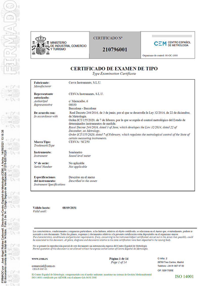 Certificado de examen de tipo nº 210796001