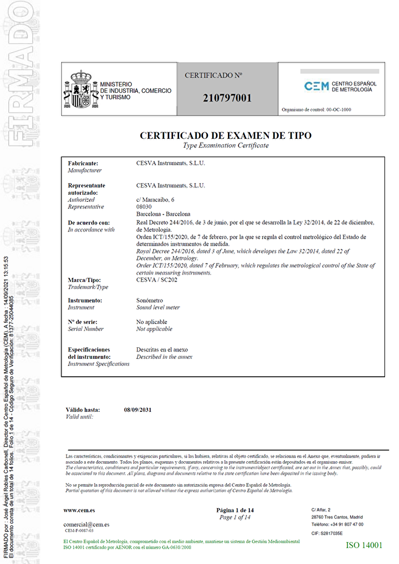 Certificado de examen de tipo nº 210797001