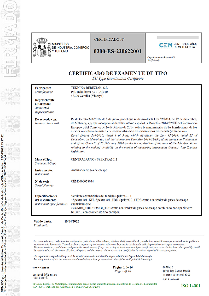 Certificado de examen UE de tipo nº 0300-ES-220622001