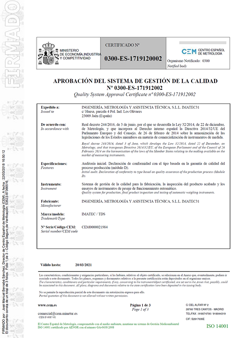 probación del sistema de gestión de la calidad nº 0300-ES-171912002
