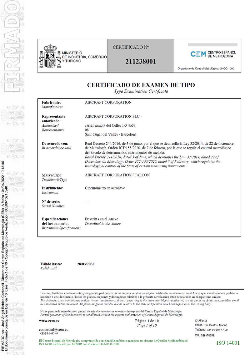Certificado de examen de tipo nº 211238001